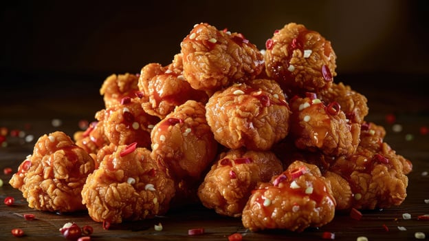 A pile of crispy, glazed fried chicken bites garnished with chili and garlic. photo