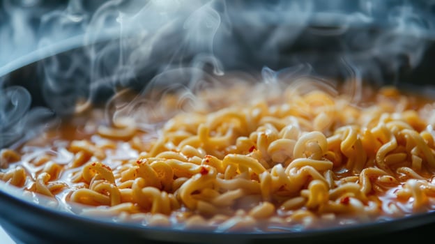 A steaming bowl of noodles in a savory broth, inviting and ready to eat. photo