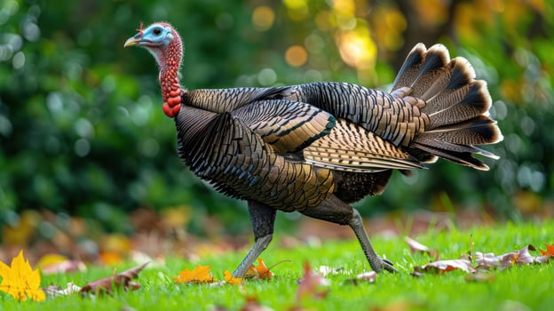 Wild turkey walking on a grassy area surrounded by autumn leaves in a vibrant park setting photo