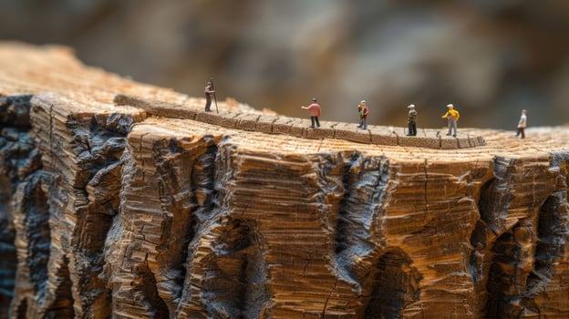 Miniature hikers traverse a textured wooden log, showcasing adventure and exploration. photo