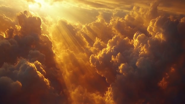 Ethereal golden sky with radiant sunbeams piercing through billowy clouds formation photo