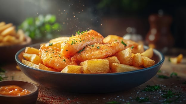 Bowl of fried potatoes with green herbs on top. photo
