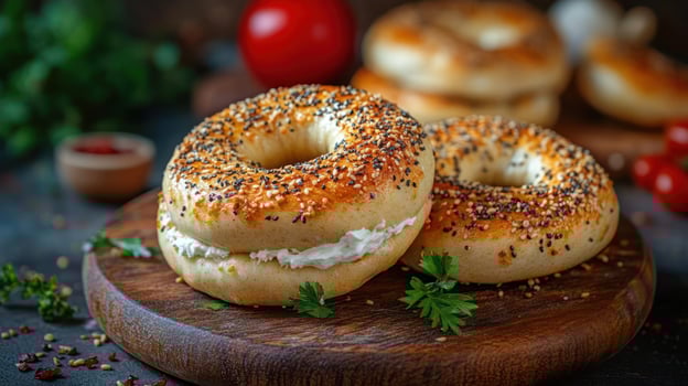 Two bagels with cream cheese on a wooden board. photo