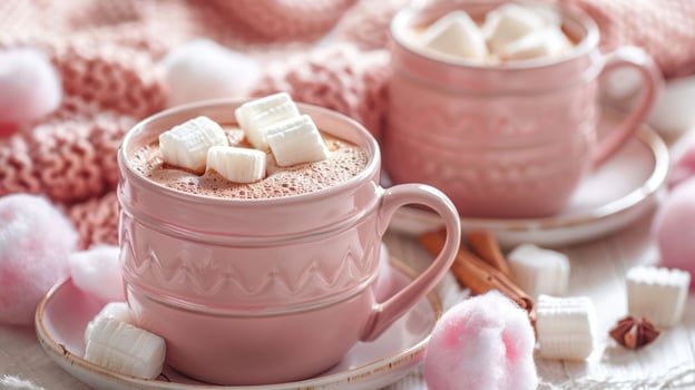 Two pink mugs of hot chocolate topped with marshmallows, surrounded by cozy decor. photo