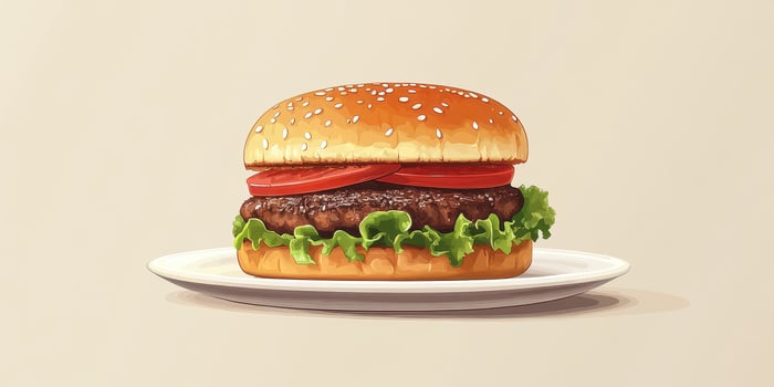 Delicious cheeseburger served on a plate garnished with fresh lettuce and ripe tomatoes in a light setting photo