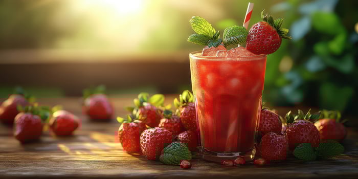 Refreshing strawberry drink garnished with fresh mint leaves in a sunny outdoor setting photo