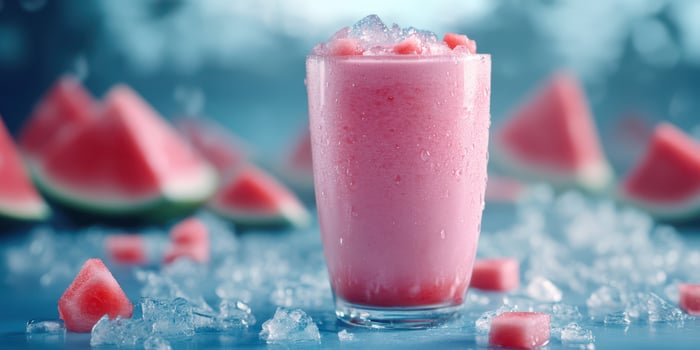 Refreshing watermelon smoothie served with ice and fresh fruit during a sunny summer day outdoors photo