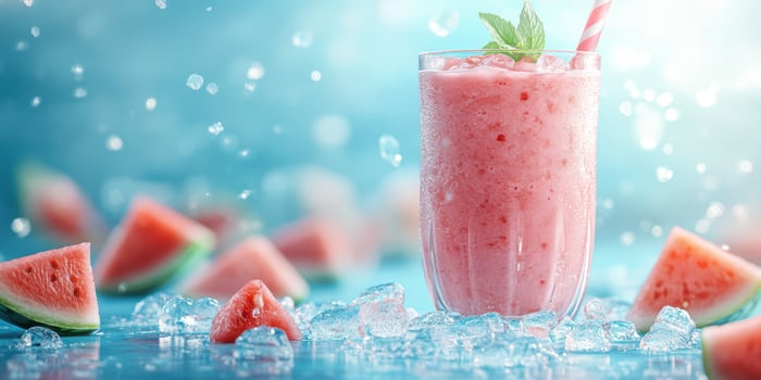 Refreshing watermelon smoothie served in a tall glass with mint leaves and ice cubes on a bright background photo
