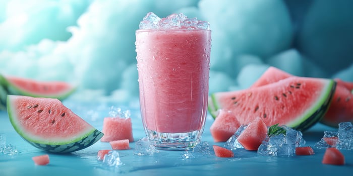 Refreshing watermelon smoothie served in a glass with ice and fresh watermelon slices on a blue background photo