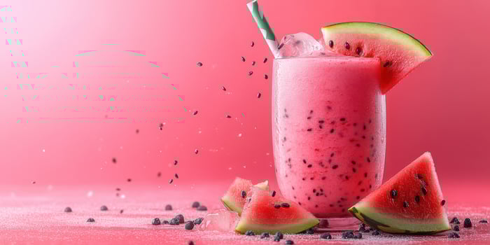 Refreshing watermelon smoothie with ice and seeds on a vibrant pink background at a summer setting photo