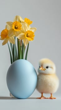 Cute chick standing next to a light blue easter egg and yellow daffodils photo