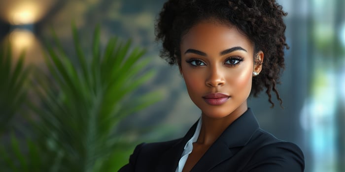 Professional woman with curly hair poses confidently indoors in a modern office setting during daylight hours photo