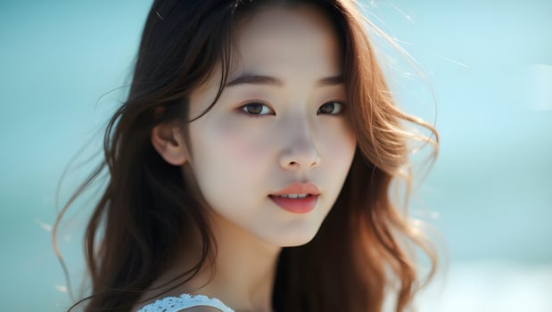 Beautiful Woman Soft Makeup Wavy Brown Hair Outdoor Portrait photo