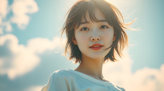 Young Woman Short Brown Hair Sunny Sky Background photo