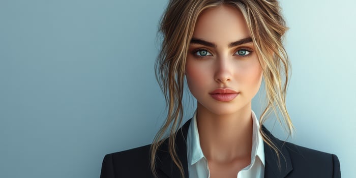 Professional woman in formal attire poses confidently against a soft blue background photo
