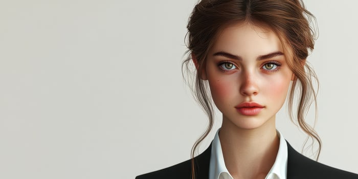 Portrait of a young woman in formal attire with a neutral background showcasing professional elegance and poise photo