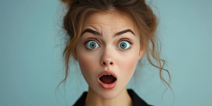 Surprise and shock on a woman's face with bright blue eyes against a simple background photo