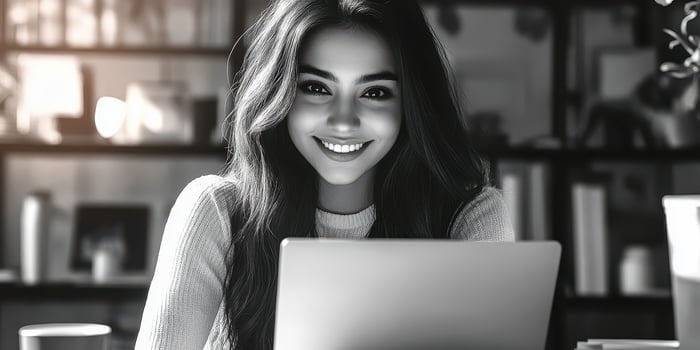 Young woman smiles at her laptop while working from home in a cozy environment during the evening photo