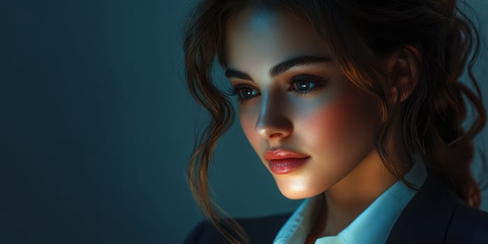 Thoughtful woman in professional attire with soft lighting during evening hours in a serene environment photo