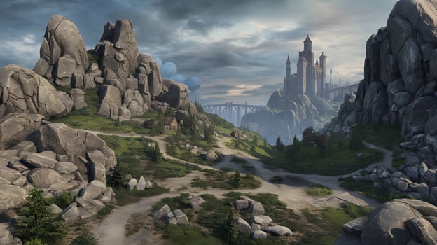 Majestic castle rests atop a mountain, connected by bridges in a digital fantasy landscape. photo