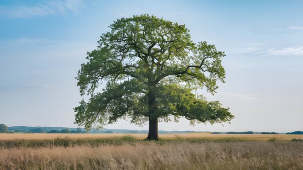 A sprawling oak tree dominates a golden field under a bright, serene blue sky on a summer day. photo
