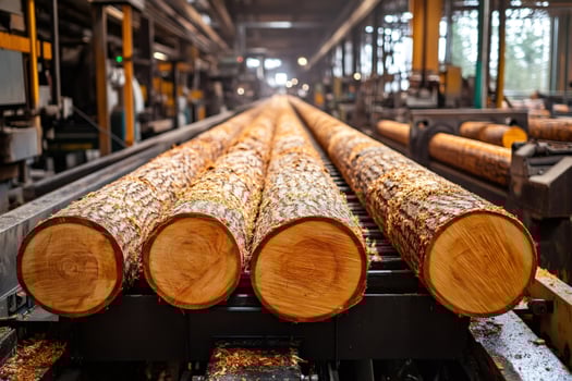 Logs moving along conveyor belt in sawmill, wood processing plant photo
