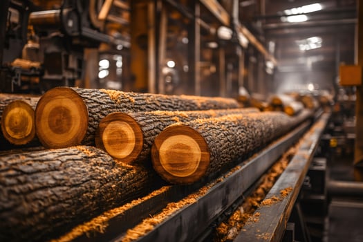 Logs moving along conveyor belt inside woodworking factory photo