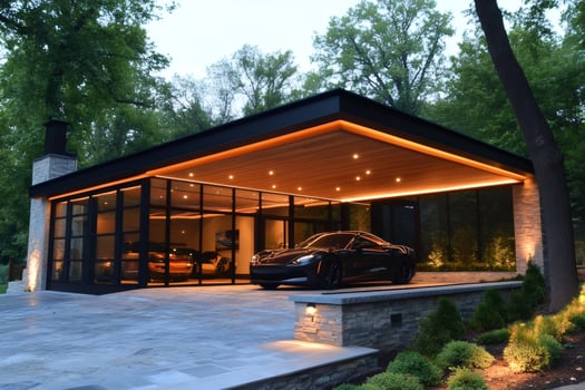 Modern luxury garage protecting sports cars at dusk with warm lighting photo