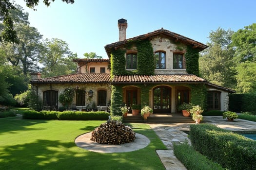 Rustic villa with lush greenery and stone pathway photo