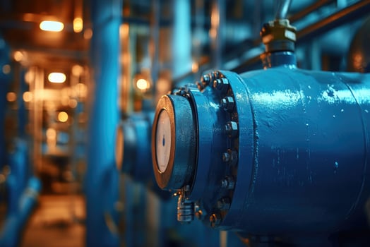 Industrial machinery with blue metal pipes in focus photo