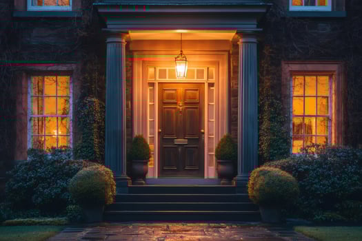 Elegant house entrance illuminated at dusk with warm light photo