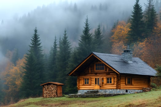 Cozy wooden cabin nestled in a misty autumn forest photo