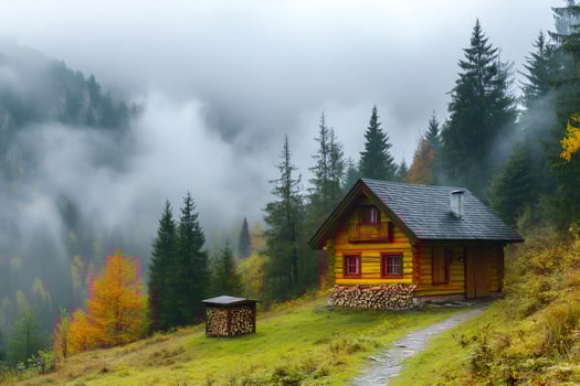 Cozy wooden cabin nestled in misty autumn mountain scenery photo