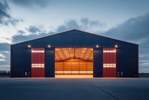 Large industrial hangar with open doors at dusk. photo
