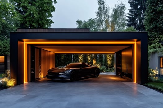 Modern carport with illuminated frame protecting luxury electric vehicle photo