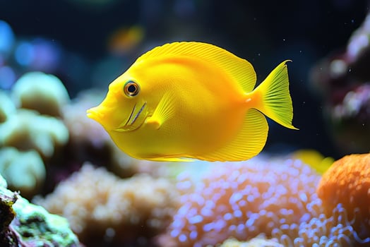 Vibrant yellow tang swimming among coral reefs photo