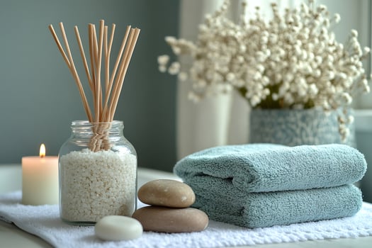 Creating a serene spa atmosphere with candles and towels photo