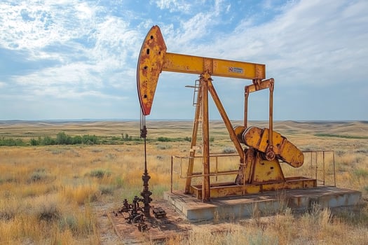 Rusty oil pump jack in vast grassland landscape photo