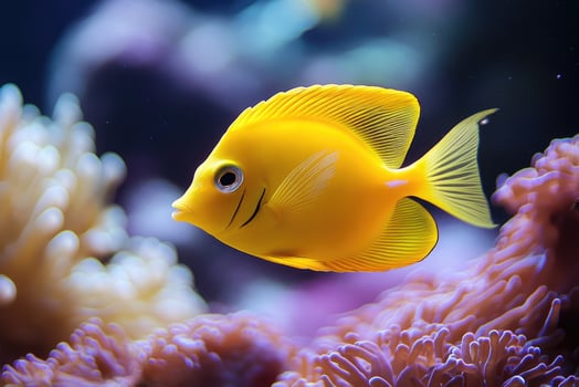 Vibrant yellow tang swimming in coral reef. photo