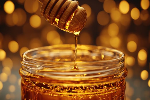 Golden honey dripping into glass jar photo