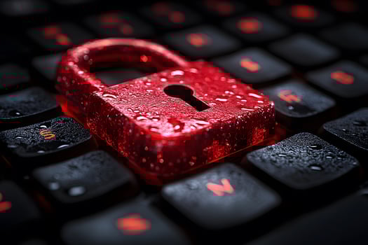 Cybersecurity Concept Red Padlock on Wet Keyboard for Security Awareness Poster photo