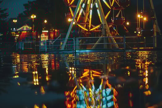 A ferris wheel is reflected in the water at night photo