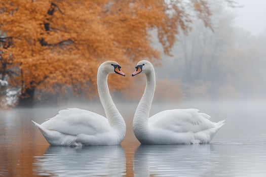 Elegant Swan Pair in Misty Autumn Lake - Nature Serenity and Romance Scene photo