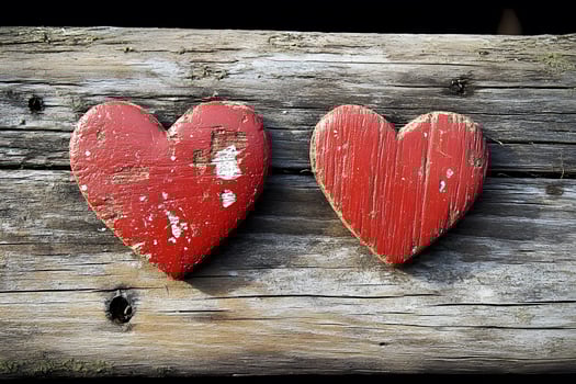 Rustic Red Wooden Hearts on Weathered Wood Background for Vintage Design photo