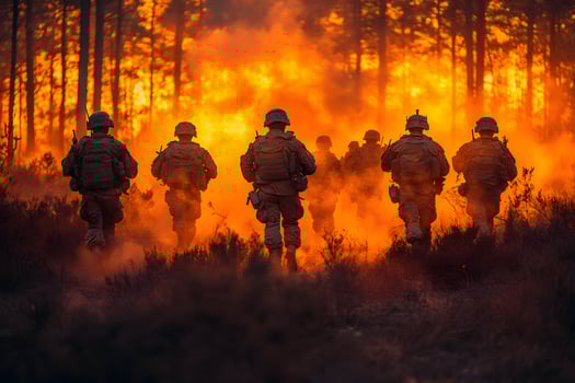 Military Training Exercise at Sunset in Forest Setting for Tactical Preparation photo