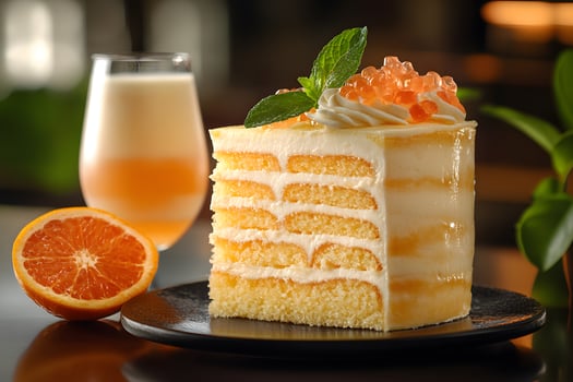 Exquisite Orange Layer Cake with Cream Topping and Beverage in Elegant Setting photo