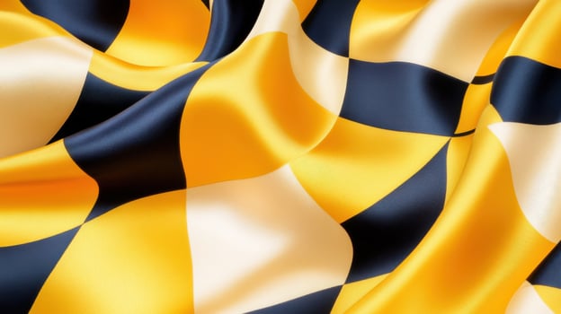 Elegant silk scarf showcasing abstract yellow and black geometric patterns with luxurious texture and soft, flowing fabric folds in contemporary fashion design photo