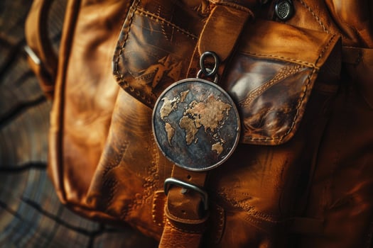 Vintage leather backpack with world map badge photo