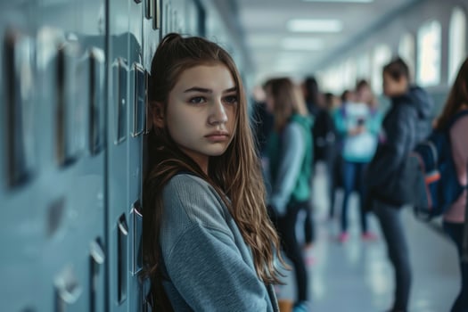 Lonely teenage girl standing by school lockers in hallway with other students in background photo