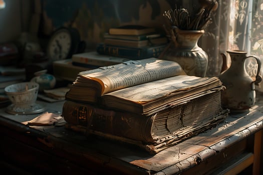 A table with books and a vase on it photo
